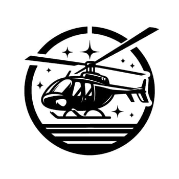 Black and White Helicopter Silhouette Inside Circular Frame with Stars, Emphasizing Transportation and Aviation. vector