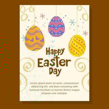 Easter greeting card with hanging colorful eggs, swirls, and festive decorations. Perfect for holiday celebrations, invitations, and seasonal designs. vector