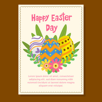Easter greeting card featuring colorful decorated eggs, green leaves, and vibrant flowers on a light background. Perfect for holiday celebrations, invitations, and seasonal decorations. vector