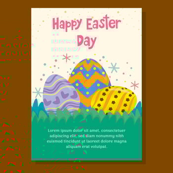 Easter greeting card with colorful decorated eggs in grass, festive sparks, and Happy Easter Day text. Ideal for holiday celebrations, invitations, and seasonal designs. vector