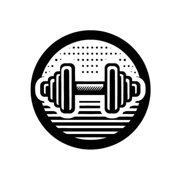 Illustration Black and White Dumbbell Emblem Within a Circle, Sporting Halftone and Stripe Details. Fitness Concept. vector