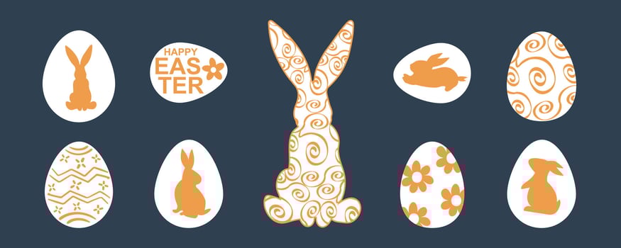 Minimalist Easter design featuring a decorative bunny silhouette with swirl patterns and Easter eggs adorned with floral and rabbit motifs. A modern composition in orange and white on dark background. vector