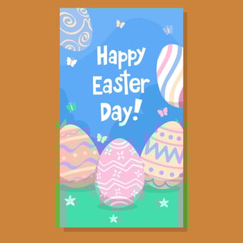 Colorful Easter greeting card with decorated eggs, butterflies, and flowers on a vibrant blue and green background. Features Happy Easter Day in playful typography. Perfect for holiday greetings. vector