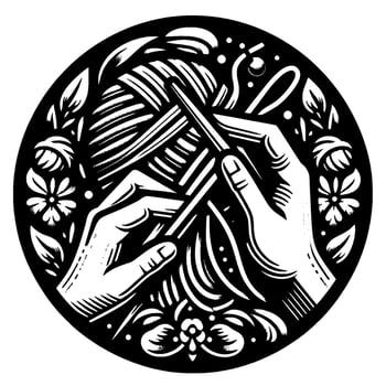 Black White Circular Illustration of Hands Knitting Yarn with Floral Border and Needlework Tools vector