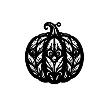 Ornate Black White Pumpkin Illustration Decorative, Floral with Scrollwork, Leaves, and Geometric Symmetry, Perfect for Autumn. vector