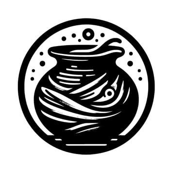 Illustration of a stylized, black and white cauldron with swirling patterns, within a circular frame, with dot embellishments. vector