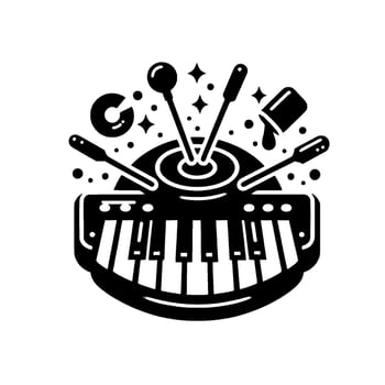 Stylized Black White Piano Keys with Drum Set Starry Elements, Musical Composition. vector