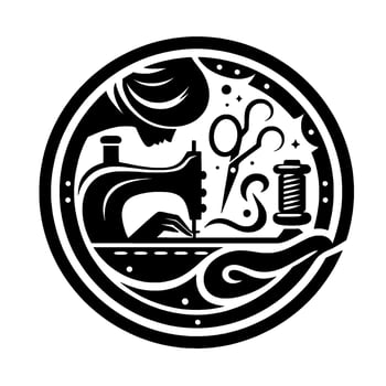 Circular Monochrome Illustration of a Seamstress at a Sewing Machine, Surrounded by Tailoring Tools, with Decorative Accents. vector