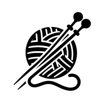 Black and white minimalist illustration of a yarn ball with knitting needles, suggesting crafting, hobby, or handmade . vector