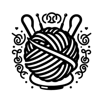 Stylized Black and White Illustration of a Ball of Yarn with Knitting Needles and Decorative Embellishments vector