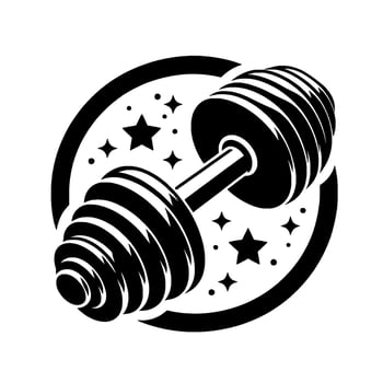 Black and White Illustration of a Dumbbell in a Circle with Star and Dot Accents, Fitness . vector