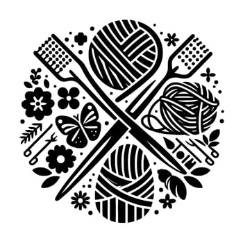Black and White Circular Illustration of Knitting Sewing Tools, Yarn Balls, Flowers, Butterflies, and Needles. vector