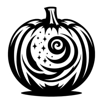 Intricate Black and White Pumpkin Symbolic Halloween Illustration with Spirals, Crescent Moons, and Star Motifs. vector