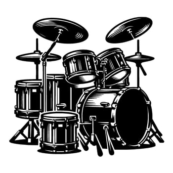 Detailed black and white illustration of a full drum set with various drums, cymbals, and hardware, displayed prominently. vector
