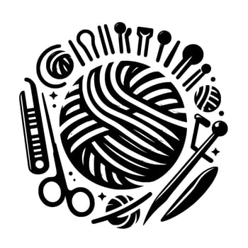 Circular Black and White Illustration of Knitting and Crochet Tools, Centered by a Ball of Yarn, Symbolic of Crafting vector