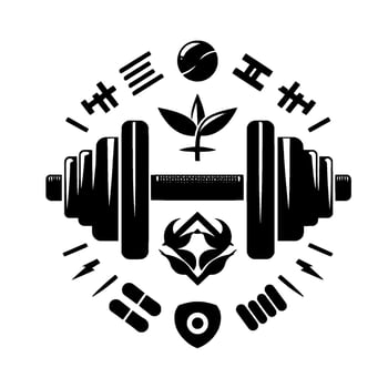 A symmetrical blackandwhite fitness emblem with barbell, foliage, and geometric shapes arranged around a central dumbbell. vector