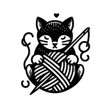 A stylized black cat, knitting with a ball of yarn, using a needle, with a heart above, in a minimalist, grayscale cartoon style. vector