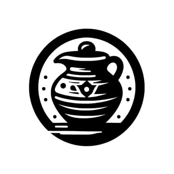 Stylized black and white illustration of a lidded earthenware jug with intricate patterned details, enclosed within a circular frame and a simple . vector