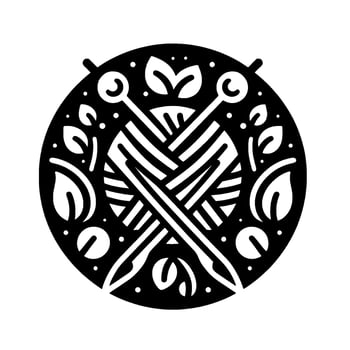 Black and White Circular Emblem Yarn Ball with Crossed Knitting Needles, Leafy Garland, and Geometric, Minimalist . vector