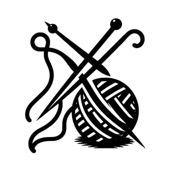 Black and White Illustration of Knitting Tools Yarn Ball, Needles, and Crochet Hook in a Minimalist Style vector