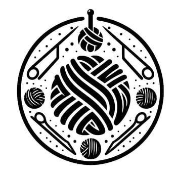 Circular Black White Emblem Knitting Needles Yarn Balls. Central Ball of Yarn, with surrounding tools and dots. vector