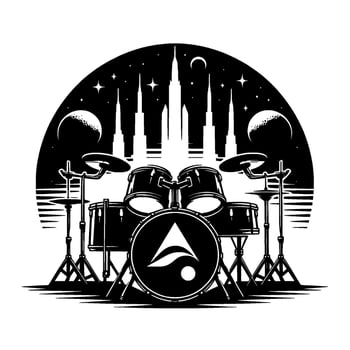 Monochrome Drum Set Silhouette with Skyline, Moons, and Stars, Evoking Music in a Cosmic Urban Landscape vector
