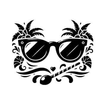 Stylish Black and White Featuring Sunglasses, Palm Tree Embellishments, Spoon, Heart, and Ornate Scrollwork on White Background. vector