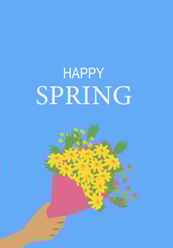 Happy spring bouquet with yellow flowers on blue background vector