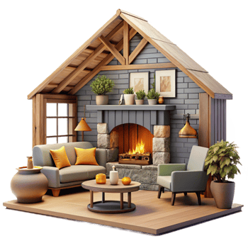 elegant rustic Farmhouse Living Room Transparent Background with Fireplace high quality png