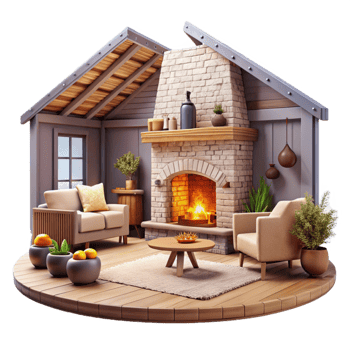 elegant traditional Farmhouse Living Room Transparent Background with Fireplace premium png
