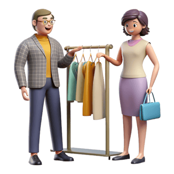 beautiful creative Fashion Consultant with Client and Clothing Rack Cutout png