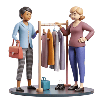 extraordinary abstract Fashion Consultant with Client and Clothing Rack Cutout premium png