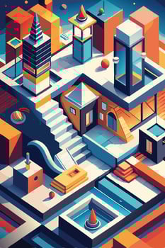 A colorful cityscape with buildings and a pool vector