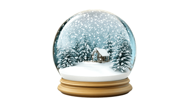 Winter snow globe with cabin and falling snow. png