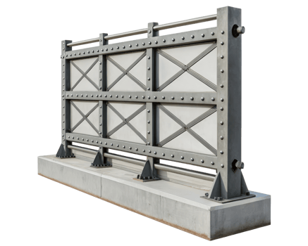 Metal fence with white panels on a transparent background png