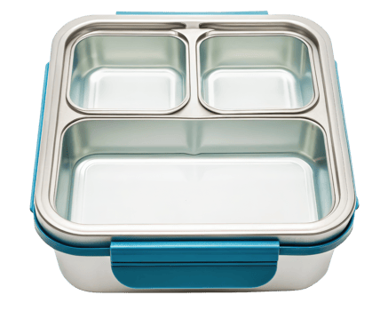 Stainless steel lunchbox with blue trim on a transparent background png
