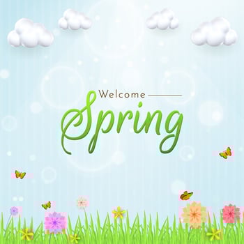 Bright Spring Landscape with Butterflies, Flowers, and Clear Blue Sky vector