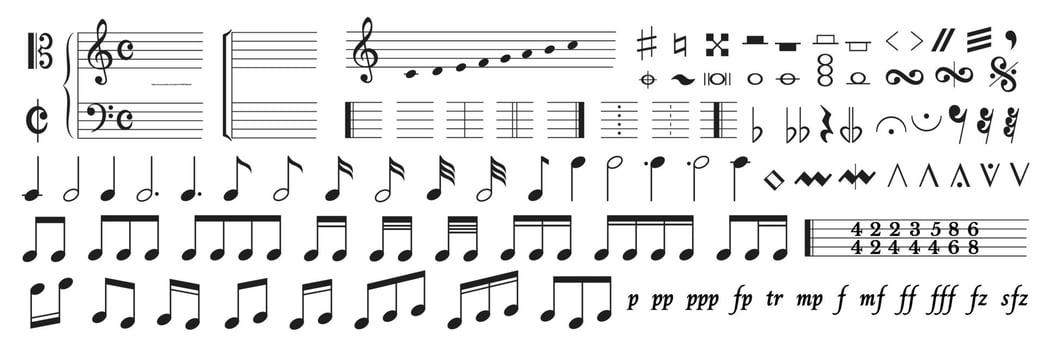 Diverse array of musical notation symbols representing notes, clefs, dynamics, and articulations. Essential for composers and musicians learning to read music. vector