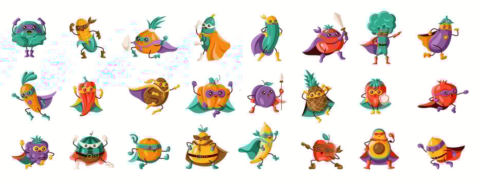 A huge set of different superhero fruits and vegetables in colorful costumes and capes. Playful, dynamic characters perfect for branding, childrens books, and creative design. vector