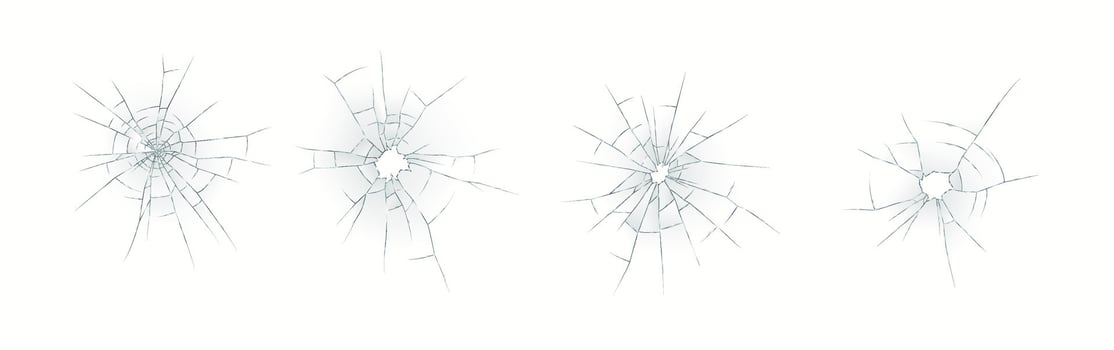 Four illustrations depicting realistic and detailed cracked glass textures on a white background. The cracks radiate from central impact points, creating intricate patterns. vector