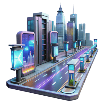 impressive minimalist Futuristic City Street with Holographic Ads Transparent Background high resolution png