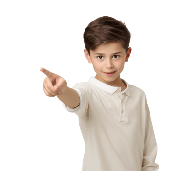 Kid Boy pointing to something. He is wearing a shirt. isolated on transparent background png