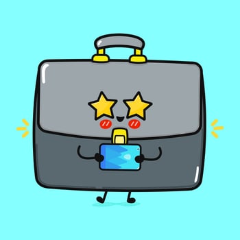 Adorable Briefcase Character. Starry-Eyed Office Bag with Smartphone vector