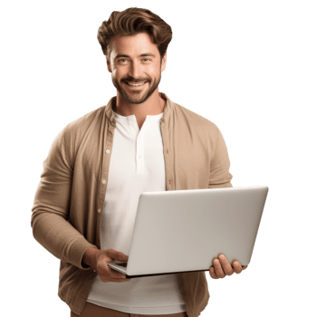 A man is holding a laptop in his hands isolated on transparent background png