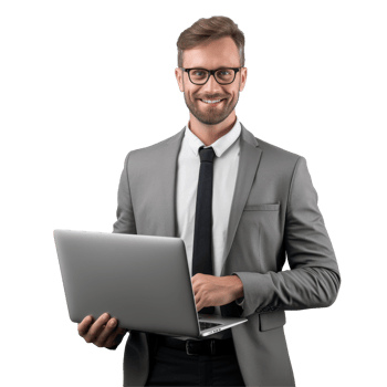 man wearing a suit and tie is holding a laptop isolated on transparent background png
