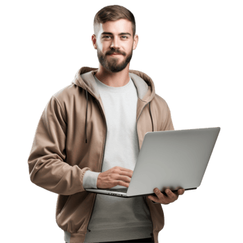 man is holding a laptop in his hands isolated on transparent background png