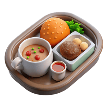 beautiful artistic Gourmet Meal on Airplane Tray Table Cutout png