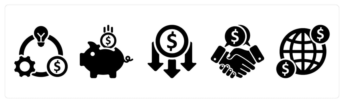 Set of 5 business icons as business model, lower cost, business deal vector
