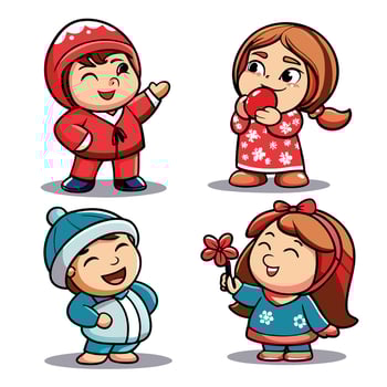 Cartoon children in winter and spring outfits vector