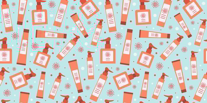 Seamless pattern. Tubes of sunscreen. Skin care, protection. Use sunscreen cosmetics. Moisturizes and protects the skin from the sun's ultraviolet radiation. Repeating background, wallpaper decor. vector